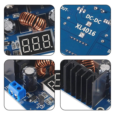 Close-up of Three Pack 8A Step Down Buck Converter Voltage Regulator Module With Digital PWM LED Display, showing components.