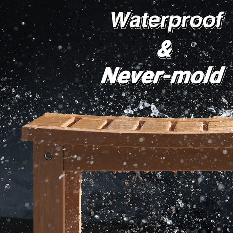 21 Inch Poly Lumber Waterproof Shower Bench With Storage Shelf, Non Slip Faux Teak Wood Shower Stool, water splashing on bench