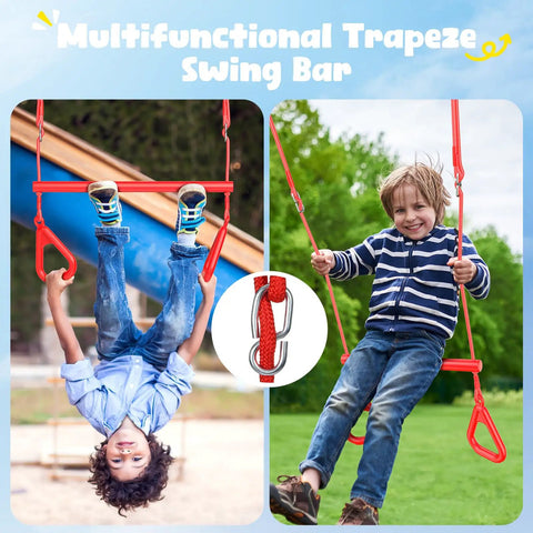 Kids using 65-Foot Ninja Warrior Obstacle Course For Kids With Swing And 11 Obstacles For Backyard Tree Slackline Jungle Gym Outdoor Playset With Saucer Swing 360 Degree Rotation Ninja Twister Trapeze Bar Climbing Net Ladder trapeze bar