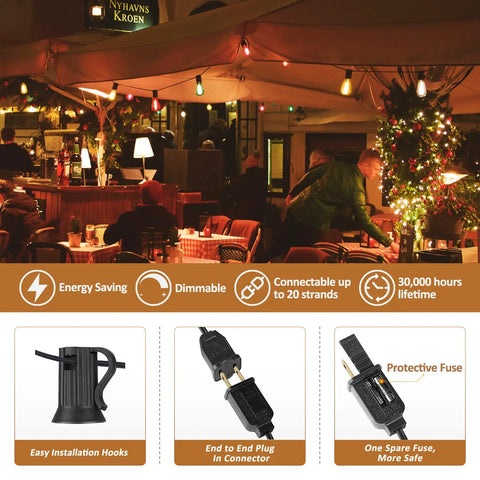 Outdoor bistro with Multicolor Outdoor String Lights 100Ft LED Patio Lights With 55 Shatterproof Edison Bulbs Rainbow Colors.