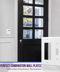 2 Gang White Decorator And Toggle Wall Plate Set installed beside a door, showcasing unbreakable polycarbonate construction.