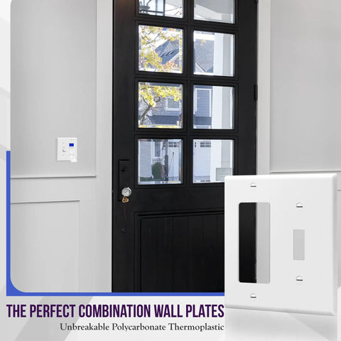 2 Gang White Decorator And Toggle Wall Plate Set installed beside a door, showcasing unbreakable polycarbonate construction.