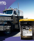 Heavy Duty SAE 50 Manual Transmission Fluid Full Synthetic Built For Extreme Heat And High Shear 5 Gallon Pail shown with truck