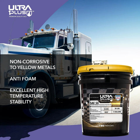 Heavy Duty SAE 50 Manual Transmission Fluid Full Synthetic Built For Extreme Heat And High Shear 5 Gallon Pail shown with truck