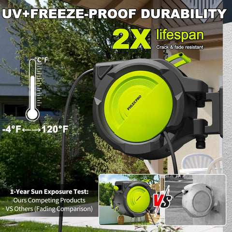 Heavy Duty Automatic Wall Mount Garden Hose Reel With 160 Feet Of Kink Free Auto Rewind Hose Three Quarter Inch Brass Fitting Ten Pattern Nozzle displayed outdoors