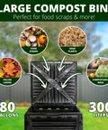 Big Ol 80 Gallon Garden Compost Bin Made From BPA Free Thick Plastic For Outdoor Use with food, leaves, plants, and bags illustrated.