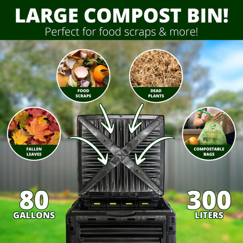 Big Ol 80 Gallon Garden Compost Bin Made From BPA Free Thick Plastic For Outdoor Use with food, leaves, plants, and bags illustrated.