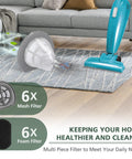 6 Pack Replacement Vacuum Filter Set For Easy Fit Featherweight Stick Lightweight Bagless Vacuum Cleaner 2033 Series Fit 20331 20333 20334 20336 20339 2033M Mesh And Foam Filters Replace No 1611508 shown with a teal vacuum on a rug