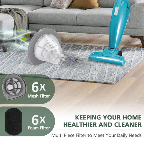 6 Pack Replacement Vacuum Filter Set For Easy Fit Featherweight Stick Lightweight Bagless Vacuum Cleaner 2033 Series Fit 20331 20333 20334 20336 20339 2033M Mesh And Foam Filters Replace No 1611508 shown with a teal vacuum on a rug