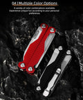 15-In-1 Spring Loaded Multitool Pliers, red and black, folded on a dark textured background.