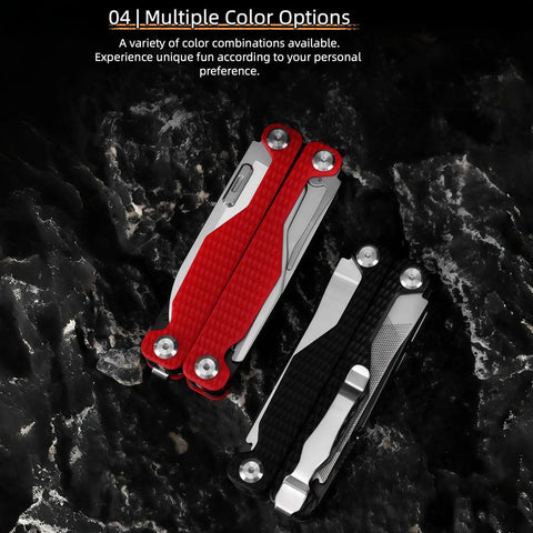 15-In-1 Spring Loaded Multitool Pliers, red and black, folded on a dark textured background.