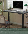 Slick Smooth Electric Sit Stand Desk 48 By 24 Inch Heavy Duty Adjustable Height Workstation With Three Preset Buttons And Built In Side Hooks For A Killer Home Office Setup Matte Black in stylish home office setting.