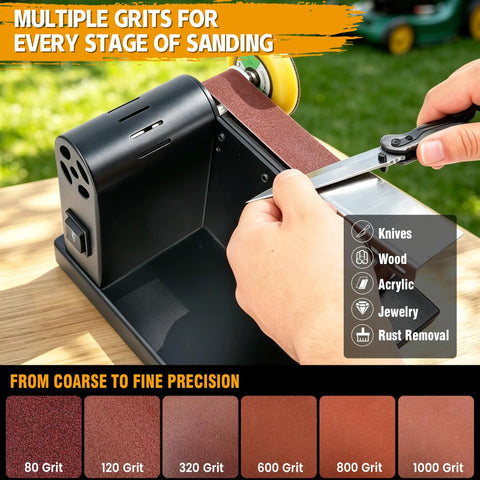 Mini Belt Sander Offers Four In One Grinding Polishing And Sanding Disc Functions With 20X1.2 Inch Belts in use for knife sharpening.