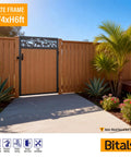 Heavy Duty Fence Gate Frame Kit With Anti Sag Design And All Weather 201 Stainless Steel Build For Backyards Left Or Right Setup Solid Reinforcement Hardware Built Damn Tough No Panels Included, shown in 4x6 foot size with decorative top.