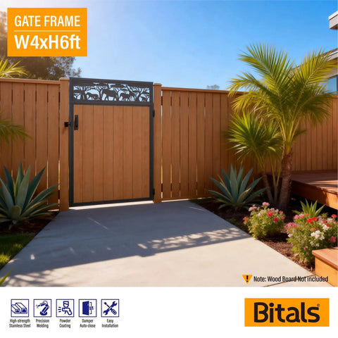 Heavy Duty Fence Gate Frame Kit With Anti Sag Design And All Weather 201 Stainless Steel Build For Backyards Left Or Right Setup Solid Reinforcement Hardware Built Damn Tough No Panels Included, shown in 4x6 foot size with decorative top.