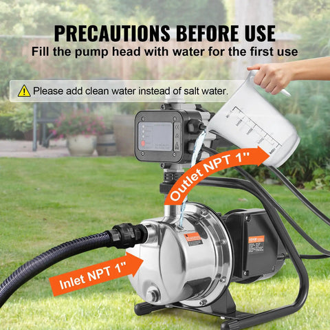 1HP Shallow Well Pump Portable Jet Pump With Automatic Controller 1380 GPH 145 Ft Head Stainless Steel Water Transfer