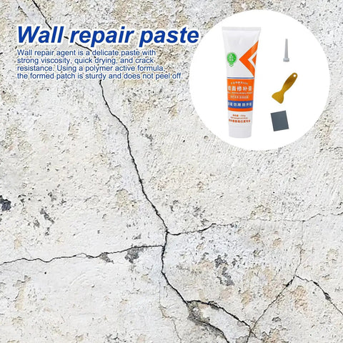 Fast Dry Wall Repair Paste Kit For Holes And Cracks DIY Friendly Patch Putty for home use shown with tools on cracked wall