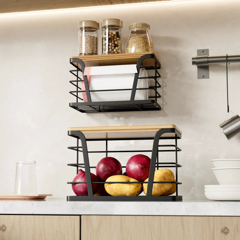 Two Pack Stackable Trash Bag Holder And Dispenser With Bamboo Top For Kitchen Storage, mounted on wall with bag rolls visible.