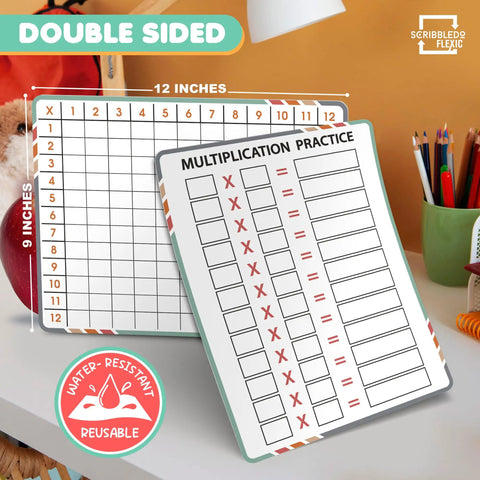 Flexible Dry Erase Whiteboards For Multiplication Practice 9 By 12 Inches Pack Of 10 Sheets showing double-sided use