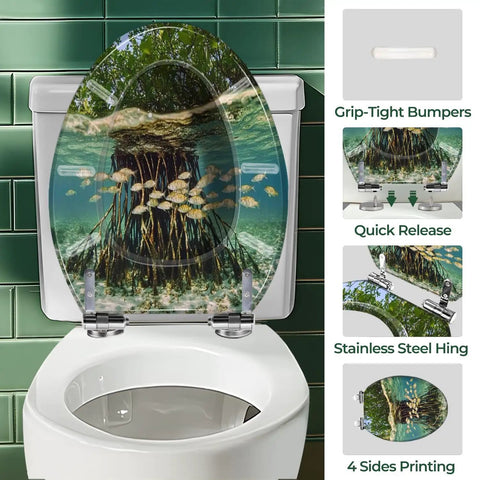Resin Elongated Toilet Seat for Bathroom with underwater scenery, grip-tight bumpers, and stainless steel hinge.