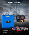 4 Way Automotive AC Manifold Gauge Set With Hoses, Quick Couplers, Self Sealing Can Taps, blue case, and rubber casing