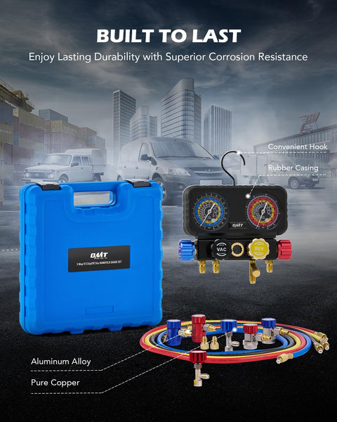 4 Way Automotive AC Manifold Gauge Set With Hoses, Quick Couplers, Self Sealing Can Taps, blue case, and rubber casing