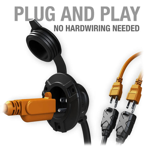 GCP2 125V 15A AC Port Plug with waterproof inlet socket and dual 18 inch outdoor extension cords, plug and play design.