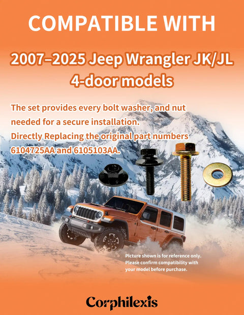 Heavy-Duty Side Step Bolts Kit For Jeep Wrangler JK JL 4-Door 2007-2025 Bolt-On Hardware With Nuts And Washers For Off-Road Upgrades Includes Rotatable Washer Nuts And All Required Fasteners. compatible with 2007-2025 Jeep Wrangler JK/JL 4-door models