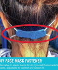 Person wearing DIY face mask fastener with blue adjustable strap for comfort and custom fit, securing mask at back.