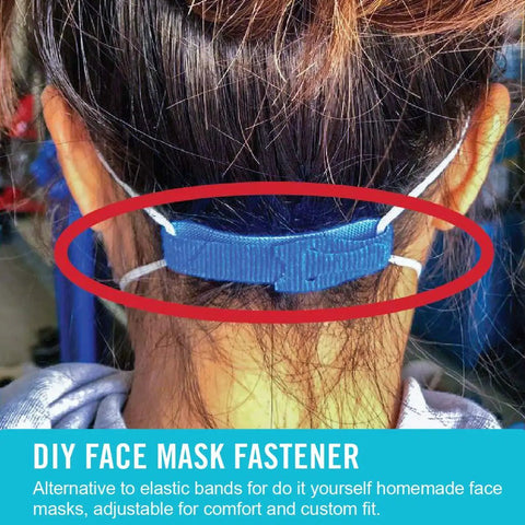 Person wearing DIY face mask fastener with blue adjustable strap for comfort and custom fit, securing mask at back.