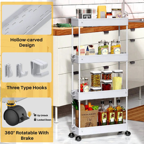 Slim 4 Tier Rolling Storage Cart On Wheels For Tight Spaces, in kitchen setting, showcasing organized spices and bottles.