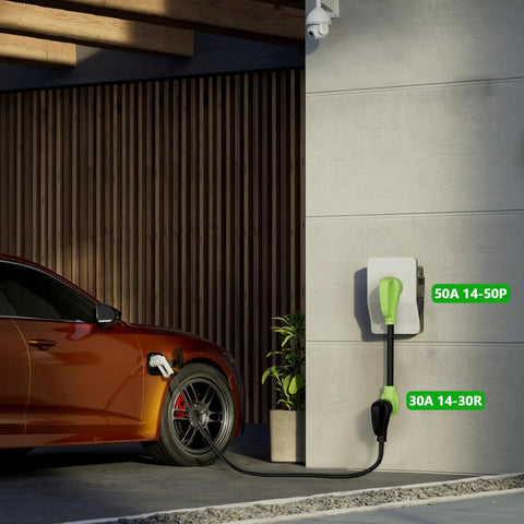 Plug And Play Nema 14-50 To 14-30 Power Adapter Cord Convert Your Level 2 Electric Vehicle Charger Or Household Dryer Hookup With Beefy 10 Awg Copper Conductors And Solid 1 Foot Green Jacket Design displayed with EV charging setup.