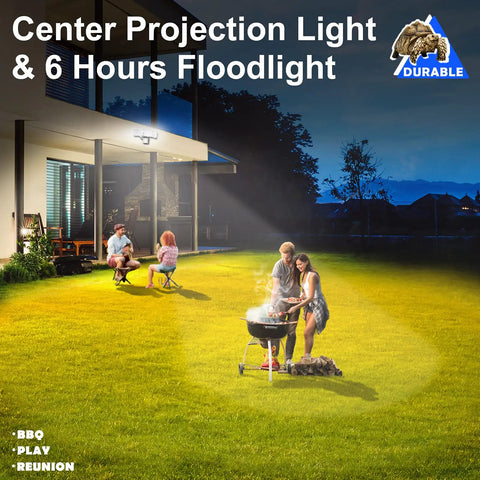 Backyard BBQ under Three Head LED Outdoor Flood Light With Motion Sensor No Fuss Security Light For Garage And Yard 3000 Lumen Daylight 6000K IP65 Waterproof 30W (360W Equivalent) Energy Saving Wide Coverage highlighting evening gathering