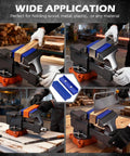 Two Piece 4.5 Inch Magnetic Vise Jaw Pads With Soft TPU Non Marring Covers And Waffle Grip installed on bench vise