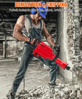 Heavy Duty Concrete Breaker Jack Hammer With 1700W Demo Power And Three Piece Chisel Bit Kit in use for chipping concrete.