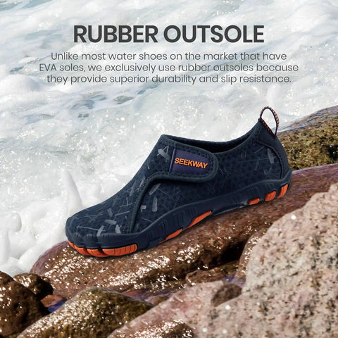 Kids Barefoot Water Shoes With Kid Friendly Wide Toe Box For Swim Beach Pool Kayak Hiking and Camping on rocky shore