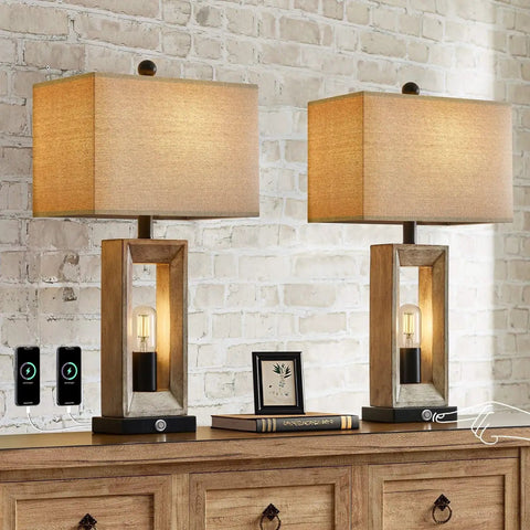 25 Inch Farmhouse Table Lamp With USB C And USB A Ports, Three Way Dimmable Touch Control And Built In Nightlight, Brown And Black Vintage Modern Lamp For Cozy Living Room Bedroom Hotel Decor, two lamps on wooden dresser against brick wall