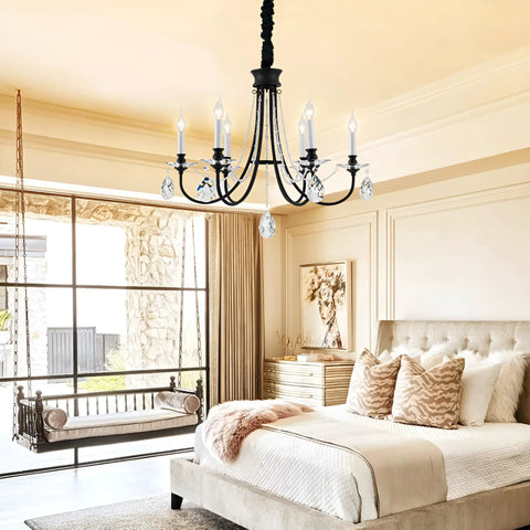 6 Light Black Crystal Chandelier With Chic Farmhouse Rustic Black Metal Frame And Adjustable Chain in bedroom setting