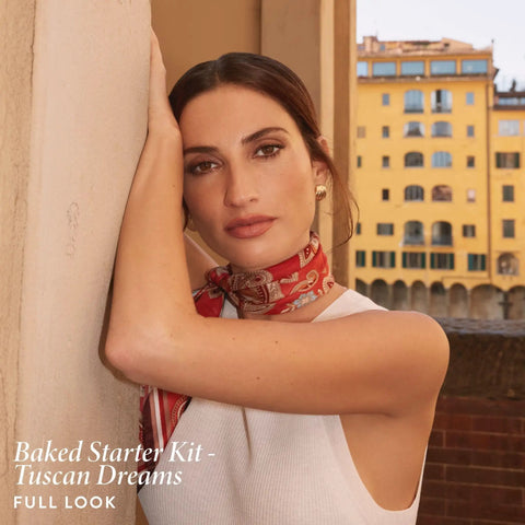 Model wearing Tuscan Dreams look from All In One Baked Starter Kit With Balance N Brighten Color Correcting Powder Foundation.