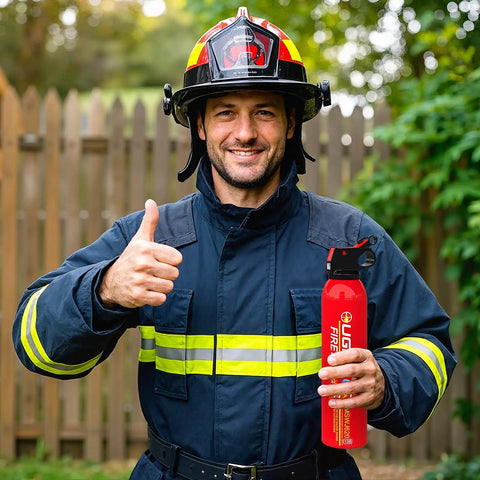 Firefighter holding a small portable water based fire extinguisher from the 21oz 6 pack bundle for home kitchen car camping safety.