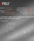 Diagram of the 22mm Red Emergency Stop Push Button Switch with Mushroom Head, showing dimensions and technical specifications.