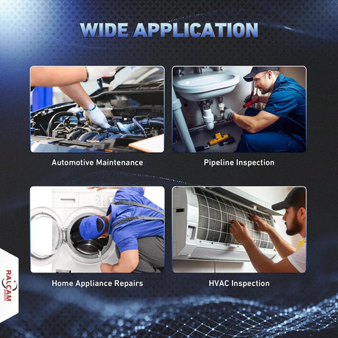 360 Degree Articulating Borescope With Slim 6.2mm Probe For Tight Spaces, Four Way Flexible Inspection Camera To Reach Tight Passages, Navigate Like A Pro In Automotive, Plumbing, And Machinery Tasks; shown in automotive, pipe, appliance, HVAC use