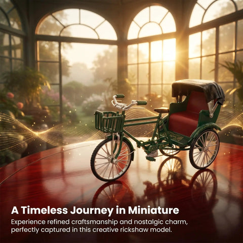 Deadset Cool Design 1:12 Scale Alloy Tricycle Model And Three Wheeled Rickshaw Miniature Figurine In Green on polished tabletop.