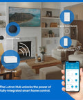 Smart Light Switch Kit With Wall Plate And Hub Plays Nice With Alexa Google Home And Apple HomeKit Single Pole Or 3 Way 5 Amp Neutral Required Control Multiple Lights From One Switch in a living room with mobile app interface