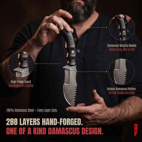 Man holding Beefy 10 Inch Damascus Steel Tracker Knife With Full Tang Fixed Blade Micarta Handle Leather Sheath For Rugged Bushcraft Camping Survival Hunting And Outdoor Adventure Gear Gift For Collectors, showing handle and serrated blade detail.