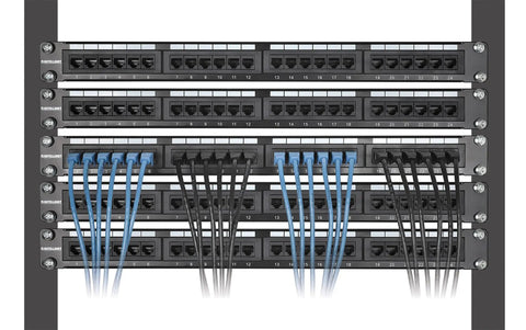 Slim Cat6 Ethernet Patch Cable Kit, 10 Pack, 1 Ft Rack-Friendly Length, Snagless Boots installed in data rack