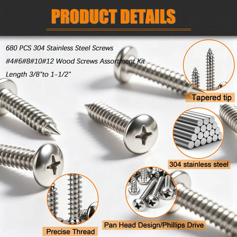 Close-up of Heavy Duty 304 Stainless Steel Screw Assortment Kit Featuring Phillips Pan Head Fasteners For Wood And Sheet Metal Jobs In Badass Marine Grade Quality Packed With 680 Pieces.