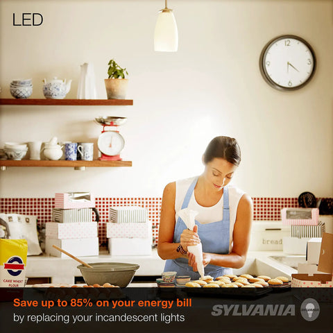 Woman baking in a kitchen with LED A19 Light Bulb 60W Equivalent 9W Energy Efficient 800 Lumens 90 CRI 2700K Soft White