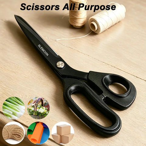 10 Inch All Purpose Heavy Duty Scissors For Home Office And Workshop, Workhorse Steel Blades For Cutting Fabric Paper Cardboard Leather And More, Rust Resistant With Comfortable Grip And Durable Construction, black scissors on wood