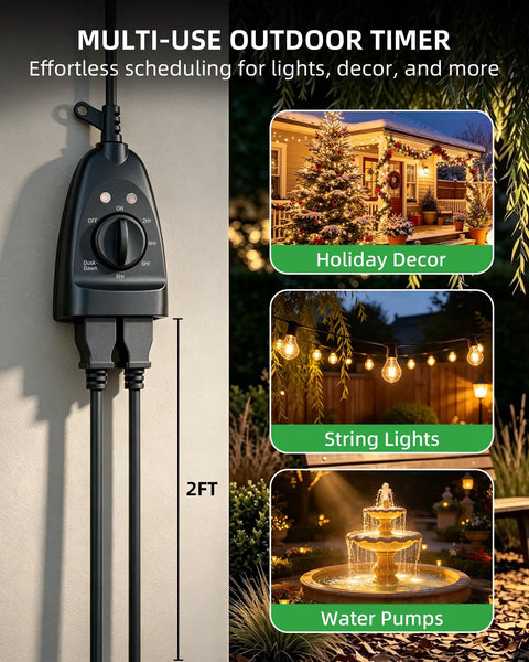 Slick Weatherproof Outdoor Light Timer With Dusk To Dawn Automatic Control and Two Grounded Outlet Plugs for outdoor holiday decor.